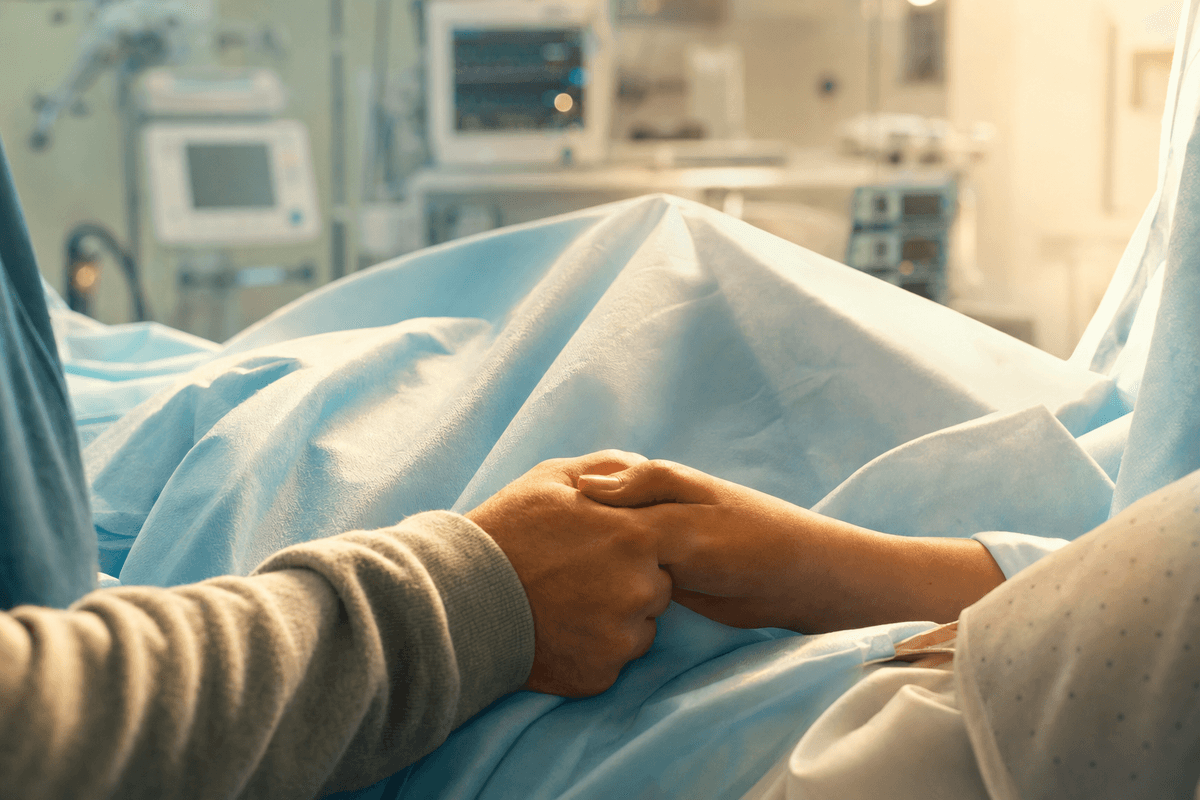 Two hands gently clasped over a pale-blue surgical drape in warm golden light, with hospital monitors softly blurred behind, evoking a calm, supported cesarean birth.