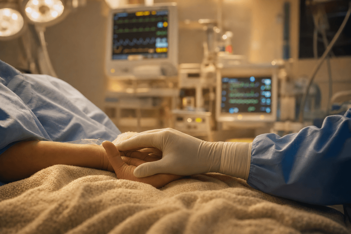 A caregiver's gloved hand resting gently beside a mother's open hand on a soft blanket, with vital-sign monitors glowing warmly out of focus, evoking calm, watchful care during a cesarean.
