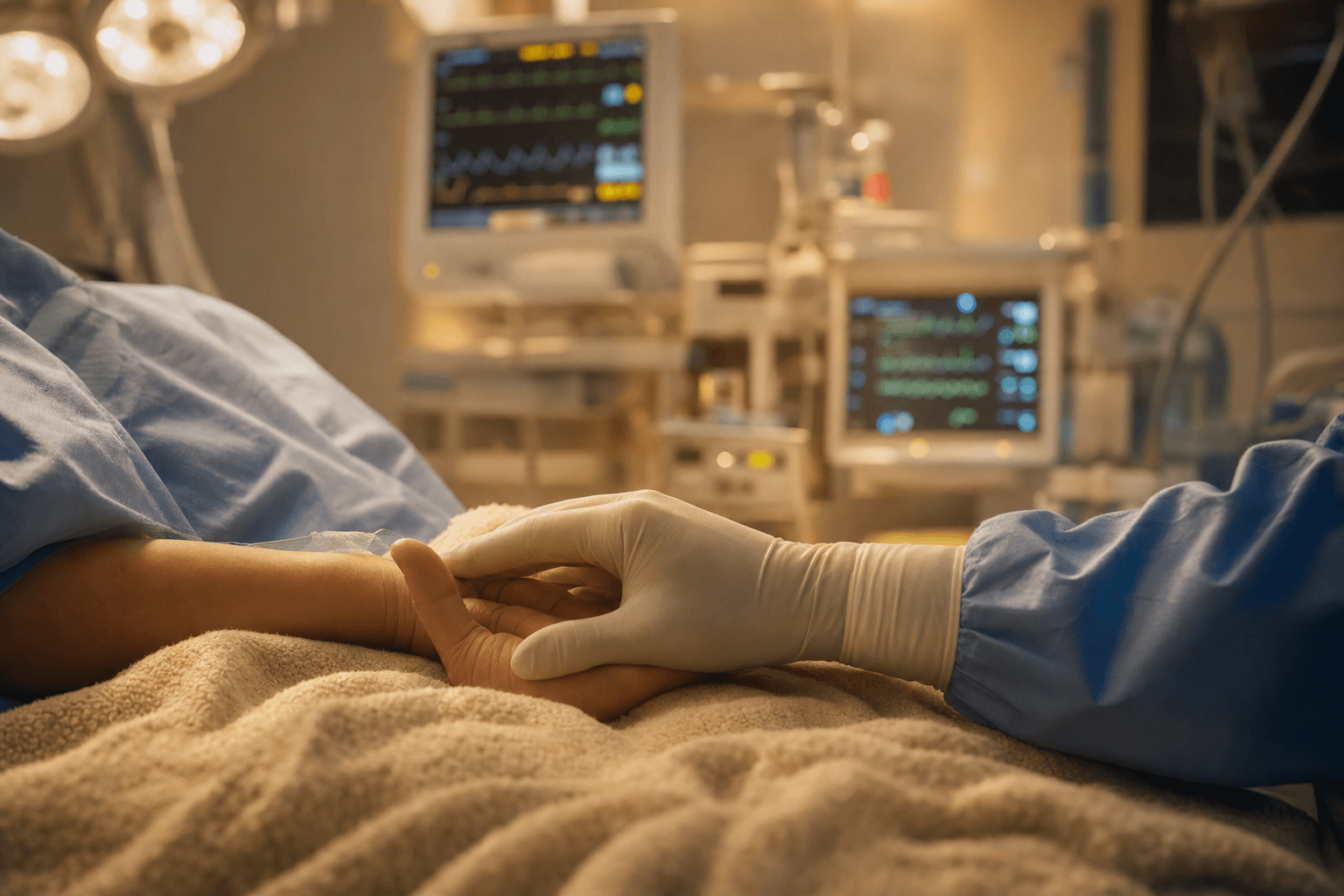 A caregiver's gloved hand resting gently beside a mother's open hand on a soft blanket, with vital-sign monitors glowing warmly out of focus, evoking calm, watchful care during a cesarean.