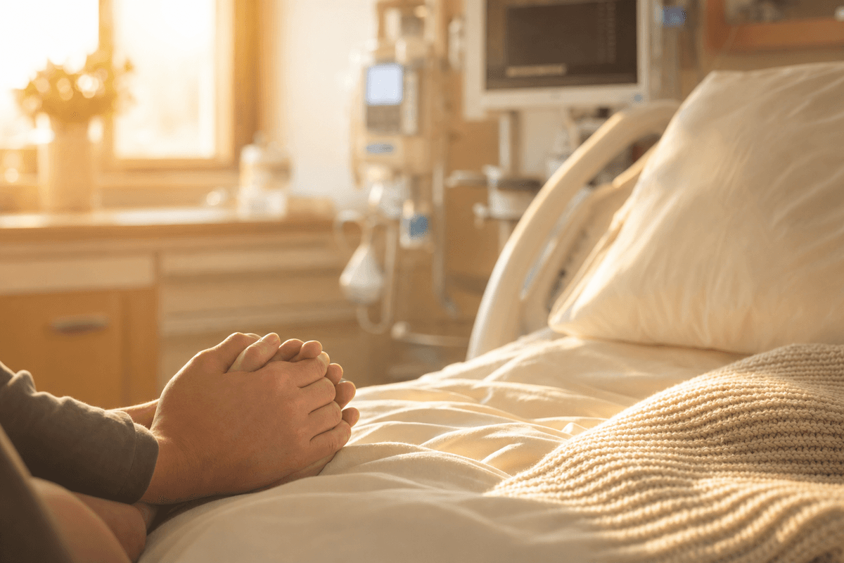 Two hands gently clasped together resting on a hospital bed in warm golden morning light, with soft medical equipment blurred peacefully in the background.
