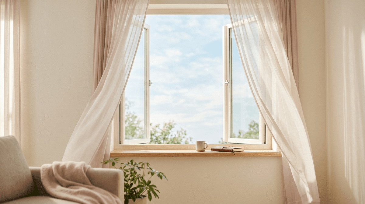 An open window with sheer curtains blowing in a gentle breeze, revealing a bright sky