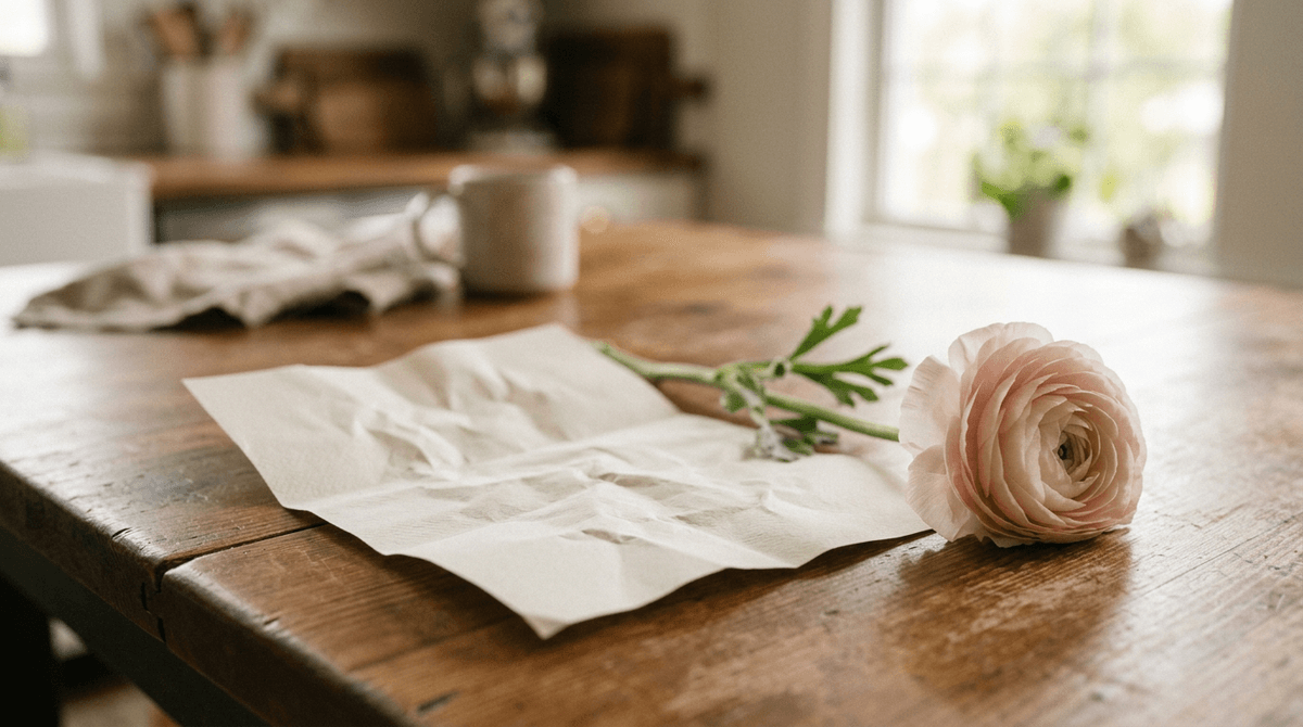 A softly crumpled paper next to a blooming flower on a table, representing beauty without perfection