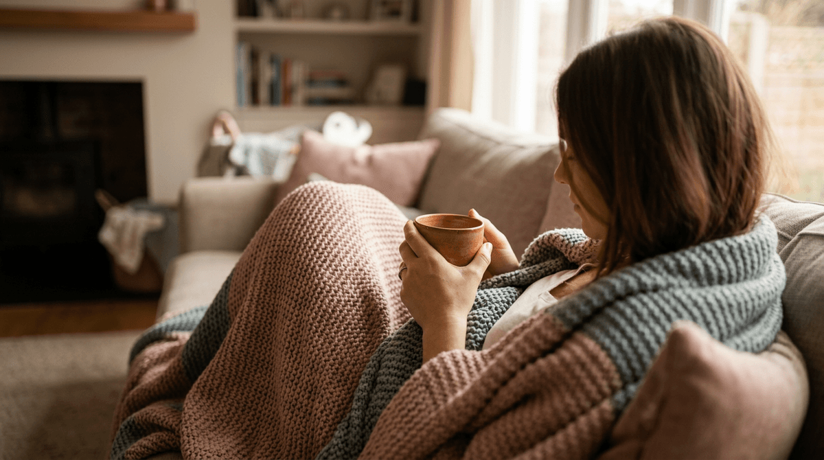 A woman resting on a sofa wrapped in a cozy blanket, holding a warm mug in soft indoor lighting