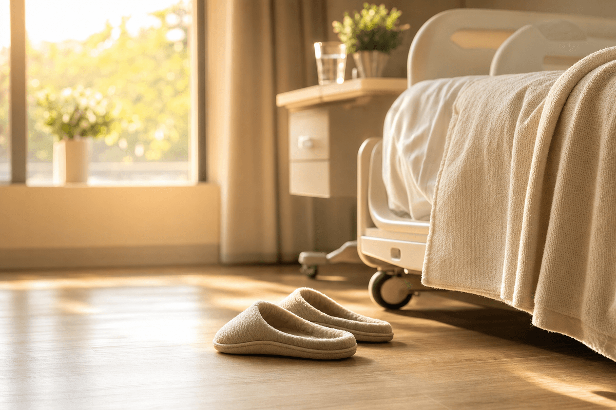 A pair of soft slippers waiting on a sunlit wooden floor beside a hospital recovery bed in warm morning light, evoking gentle first steps