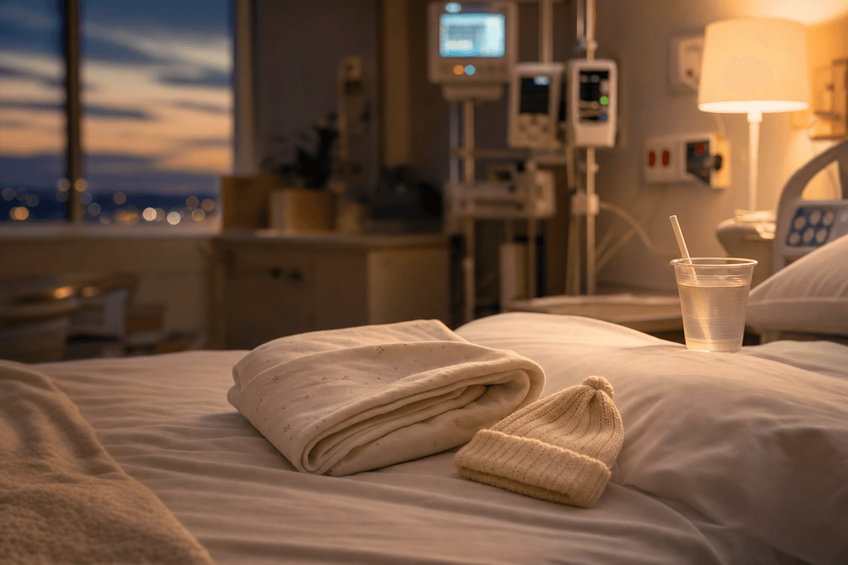 A softly lamplit hospital recovery room at dusk, with a folded swaddle blanket, a tiny knit baby hat, and a water cup on the bed, evoking restful first nights after birth